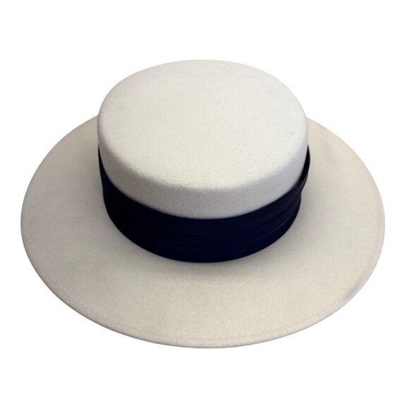 Toucan Other - Vintage White Felt Boater Hat With Navy Ribbon Band By Toucan